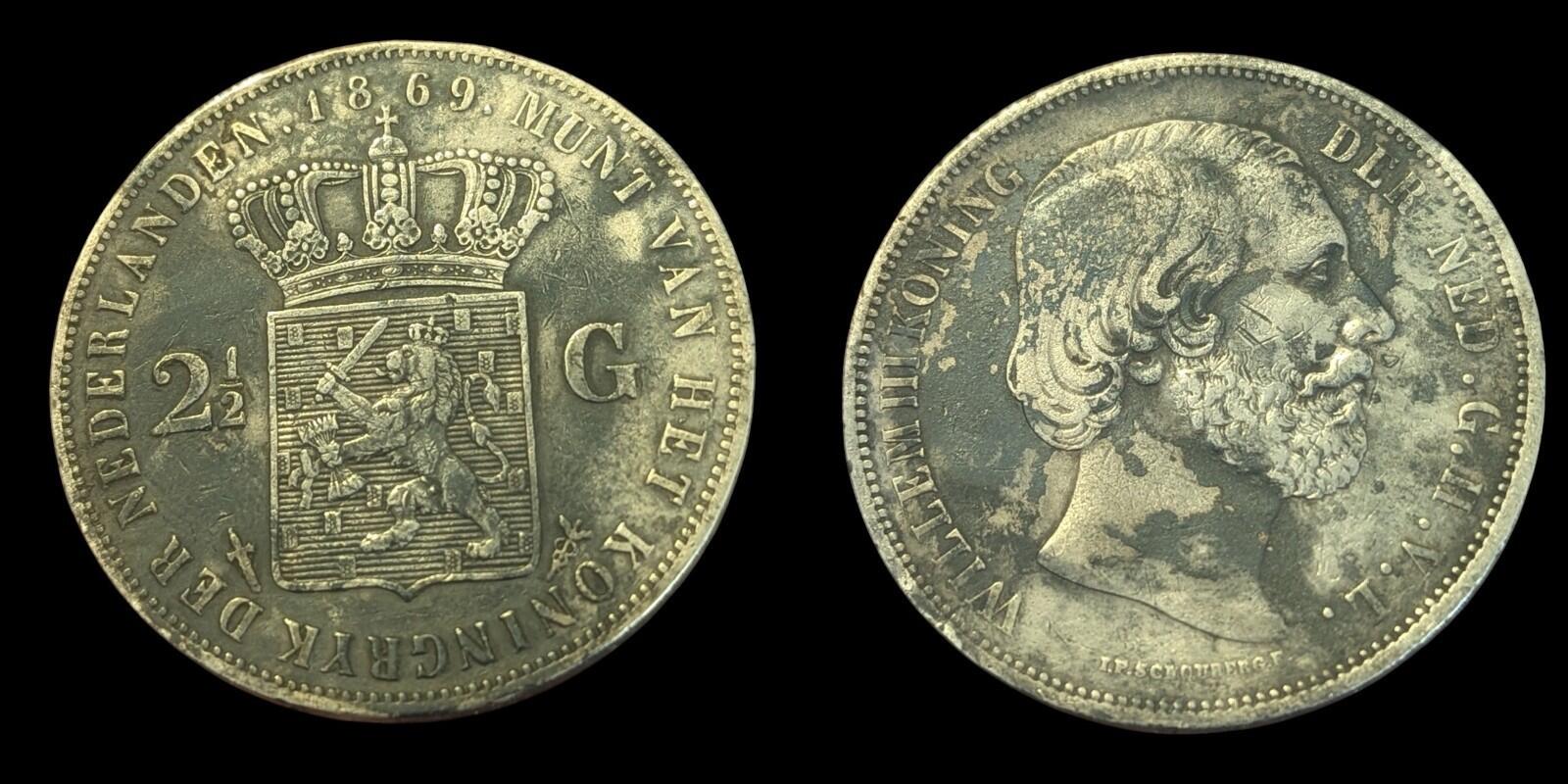 1869 Netherlands William III 2 1/2 Gulden .945 Fine Silver Coin KM# 82