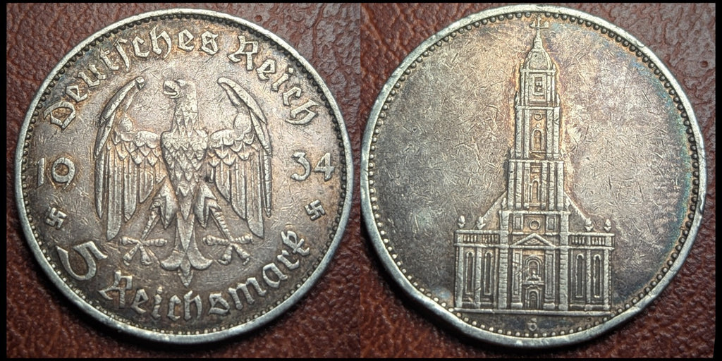 1934-E WW2 German 5 Mark Silver Coin Potsdam Garrison Church Muldenhütten Mint
