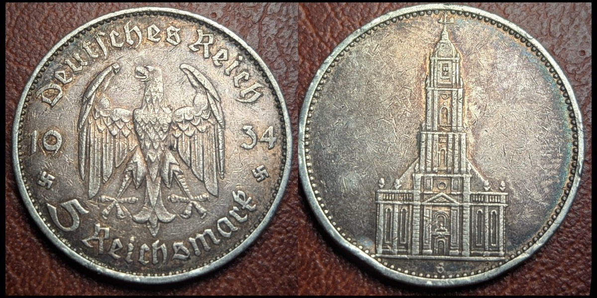 1934-E WW2 German 5 Mark Silver Coin Potsdam Garrison Church Muldenhütten Mint
