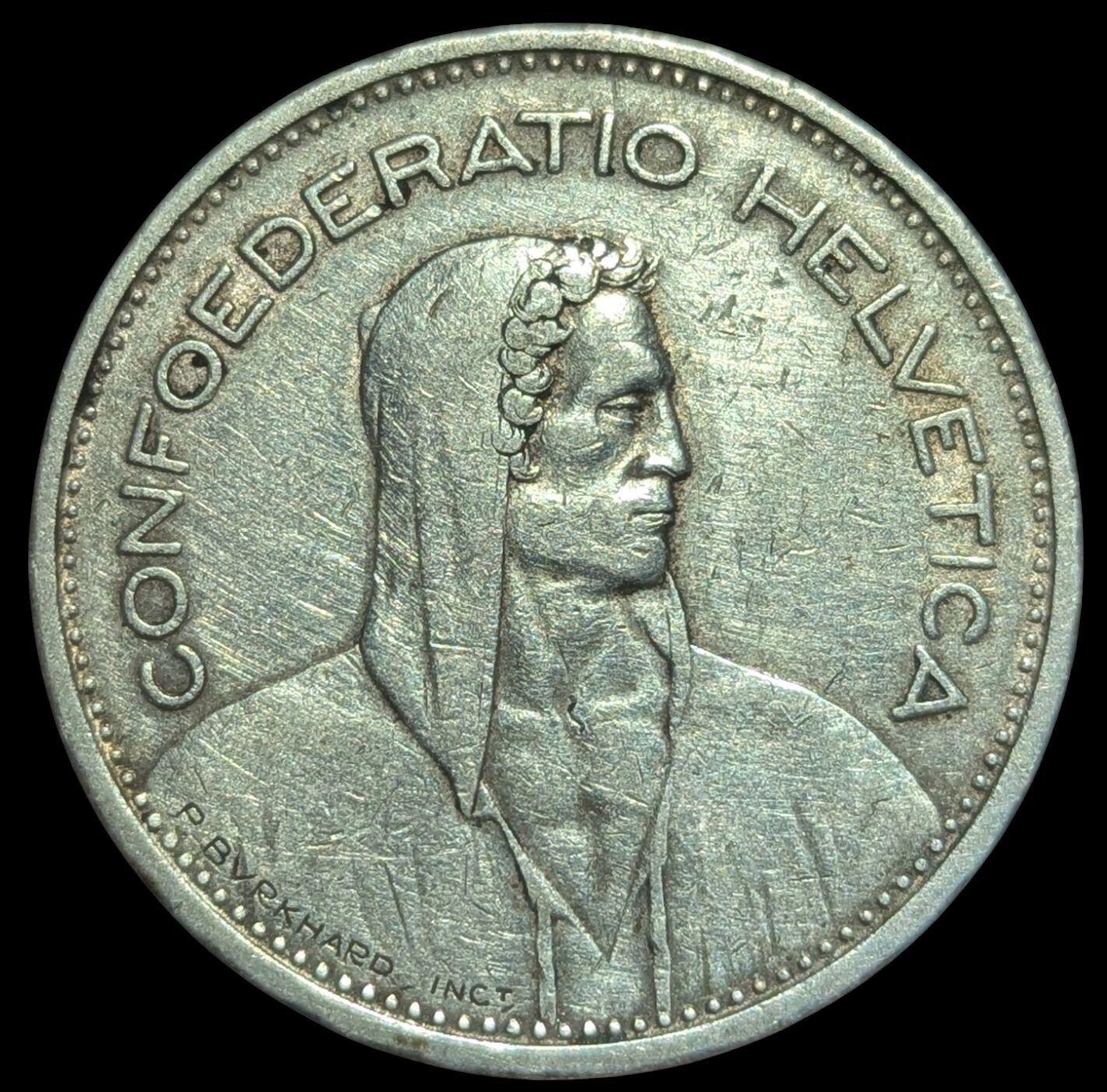 Suisse 1931-B ARGENT 5 Francs. Variété de tranche KM# 40