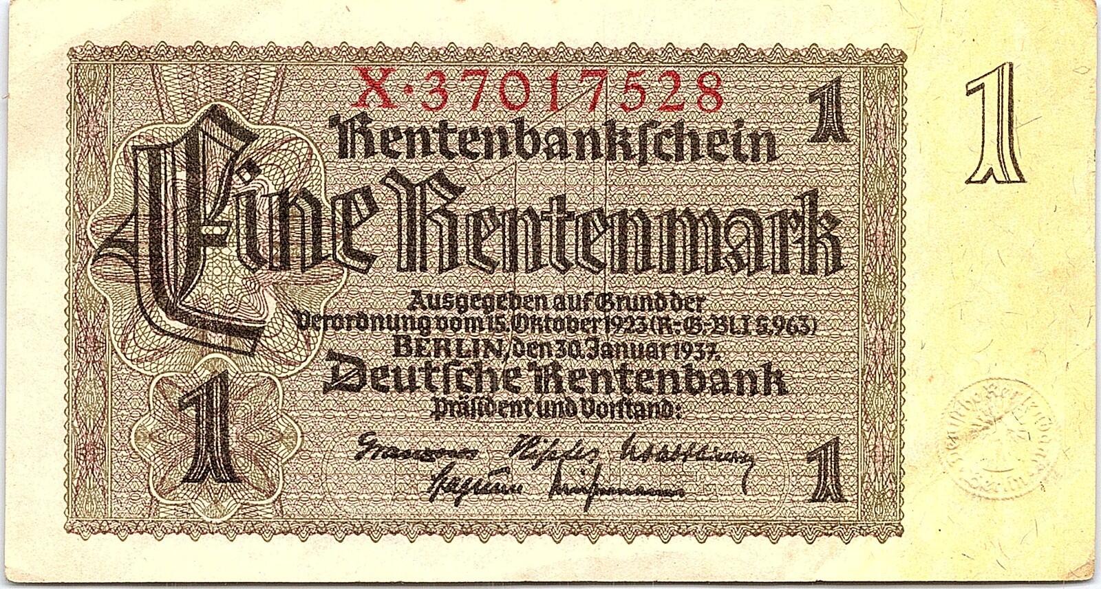Germany  1 Rentenmark 1937  Series D  Circulated Banknote Pre WWII