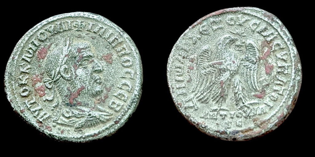 PHILIPPE II en tant qu'Auguste 249 après J.-C. Antioche Tétradrachme Monnaie Romaine Ancienne AIGLE