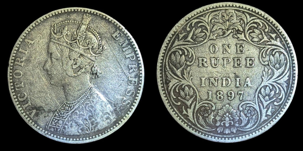 India 1897 Silver Rupee Calcutta Mint, Rare Key Date