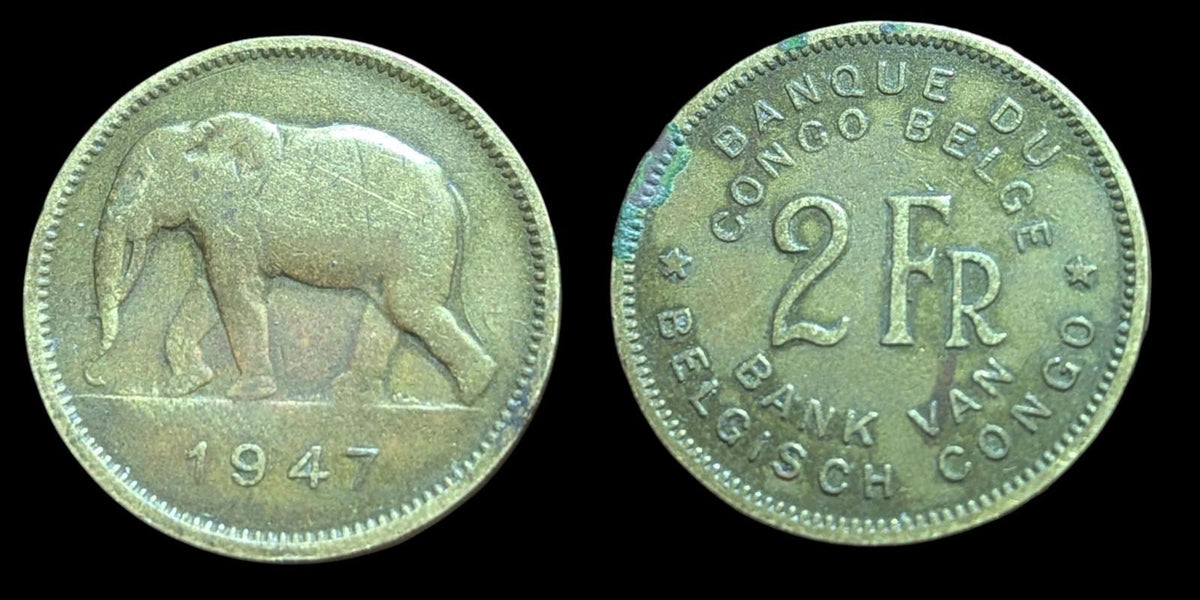 🧭 🇨🇩 CONGO BELGIUM 2 FRANCS 1947 ELEPHANT