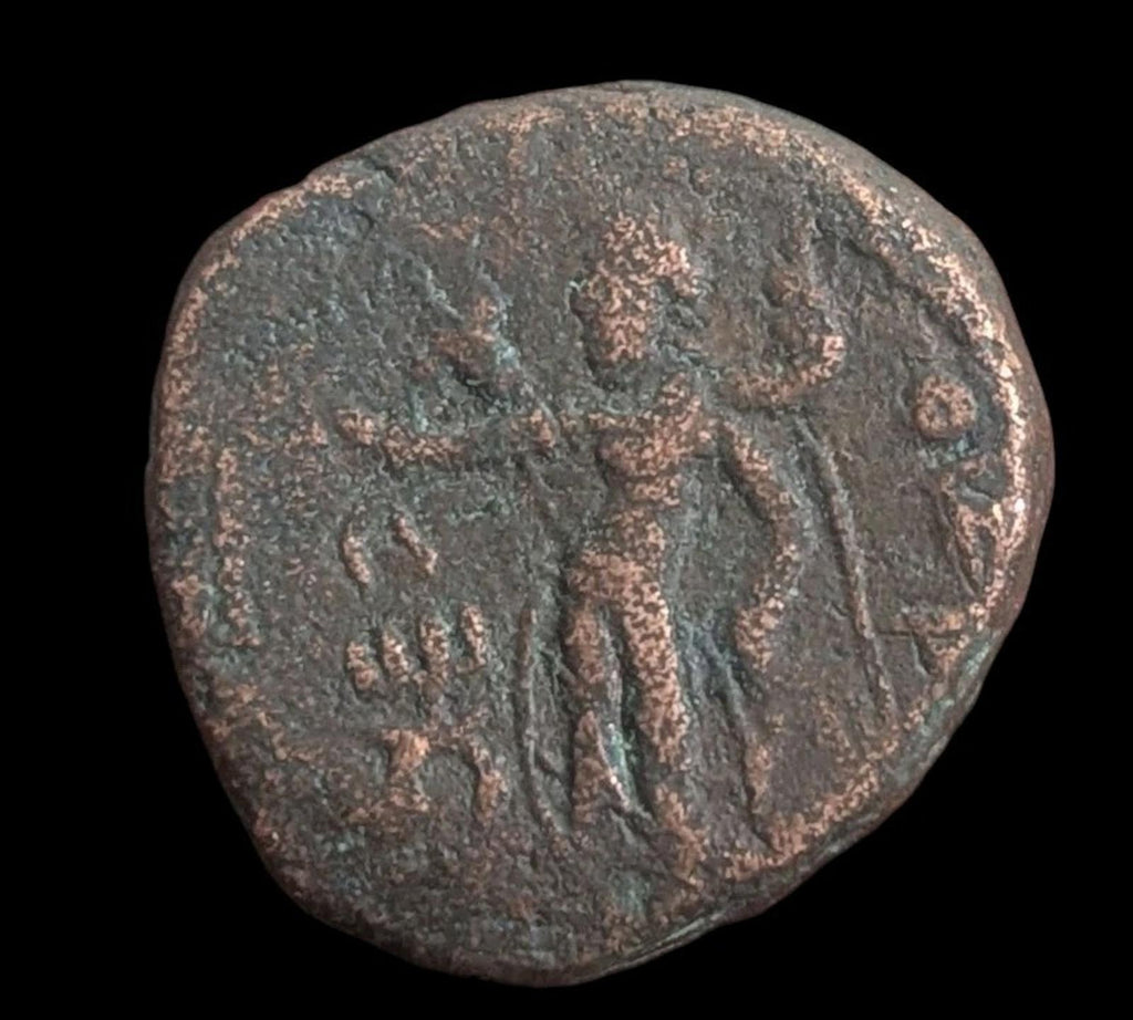 HUVISHKA Kushan Empire INDIA Ancient Authentic Greek Coin MAO ELEPHANT Scarce Va
