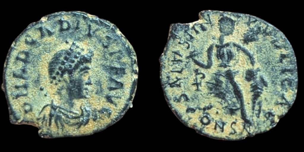 Ancient Roman coin Arcadius 388AD Victory wreath captive chi - rho - Numis Hobby Shop