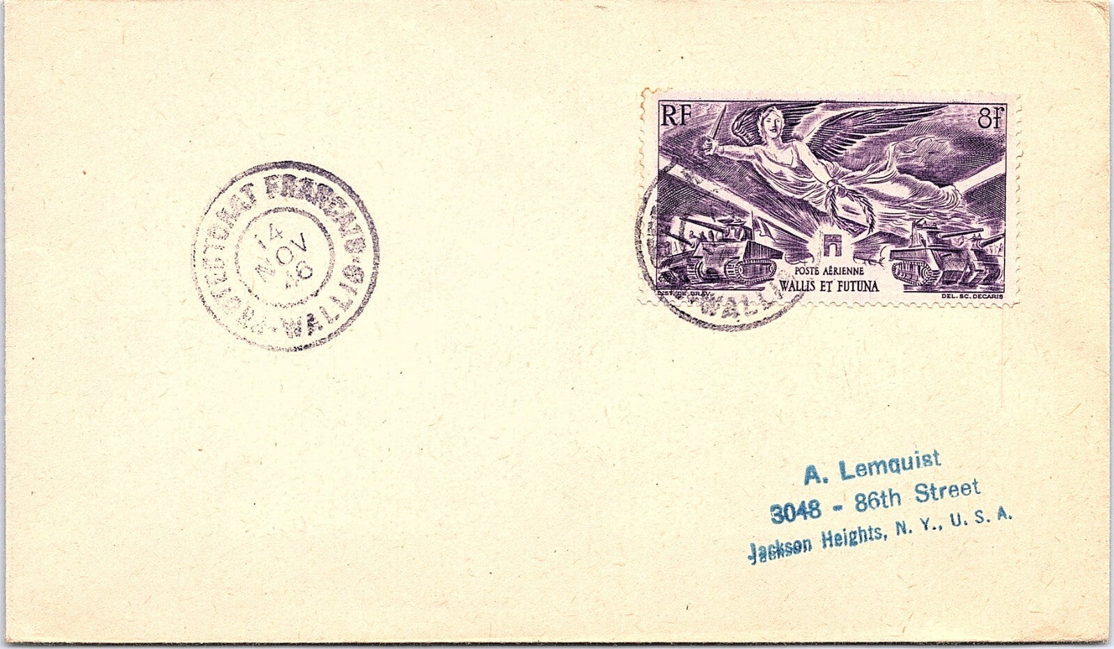 Wallis & Futuna 1946 Postal Cover to NY Airmail 8f Purple Decaris Stamp WWII Pos