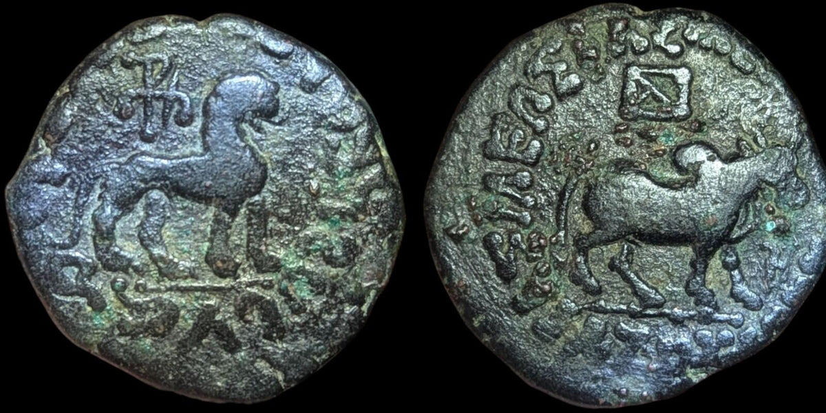 Royaume indo-scythe, Azes I - Ancienne pièce de monnaie grecque authentique, Bœuf, Lion