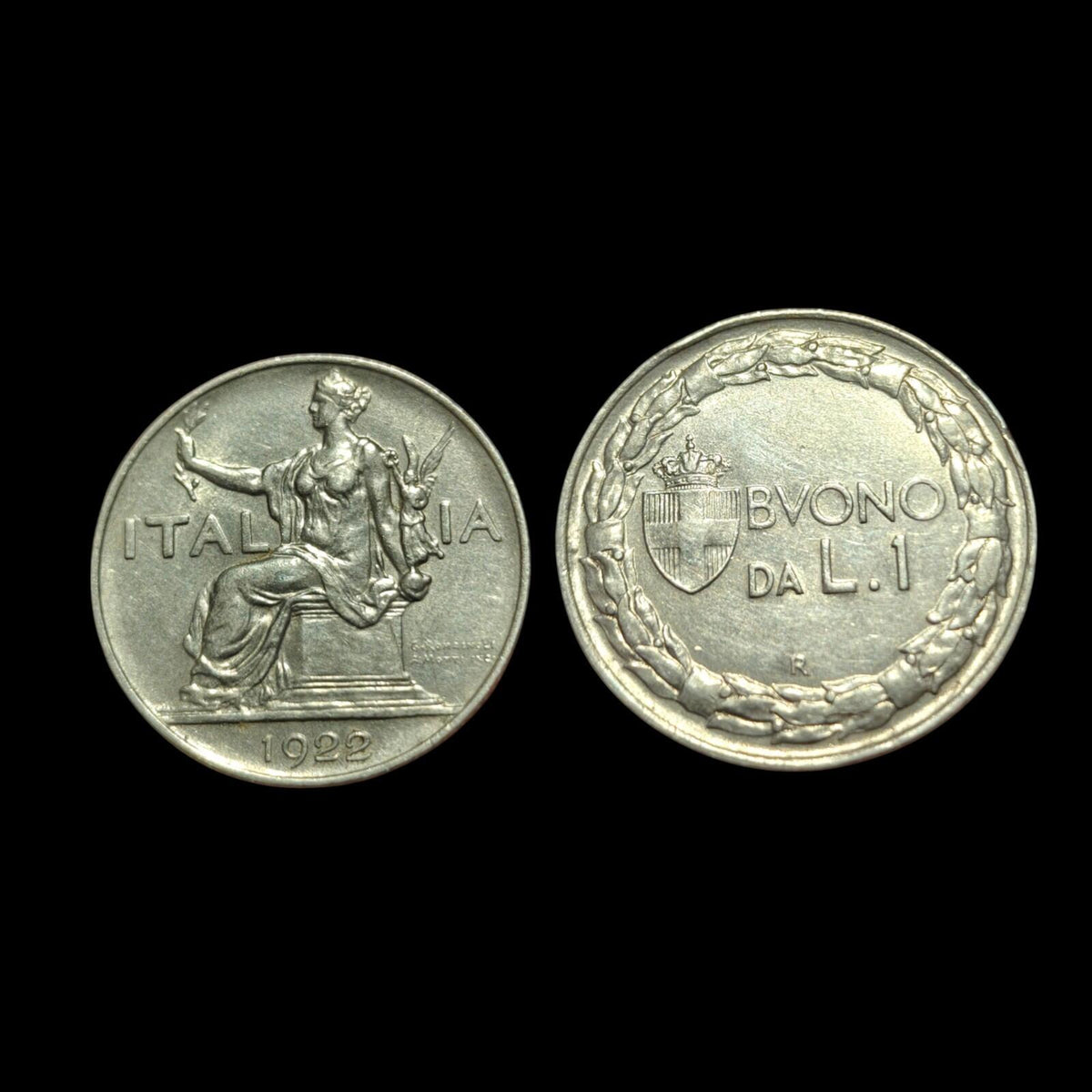 1922 Italie Une 1 Lire Femme assise à gauche en nickel Monnaie du monde pièce rare