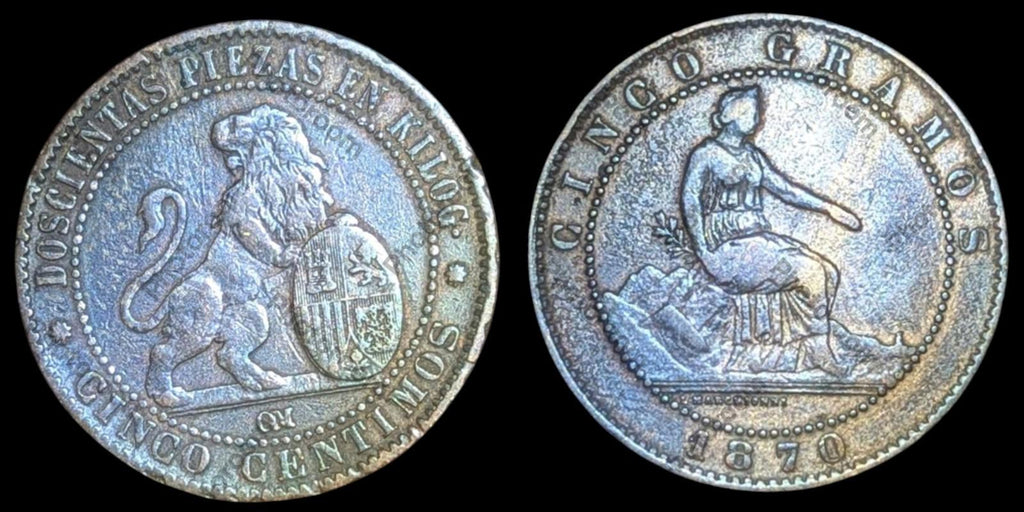 Pièce espagnole de 5 Céntimos 1870 OM KM# 662 Espagne Gouvernement Provisoire Cinq C.