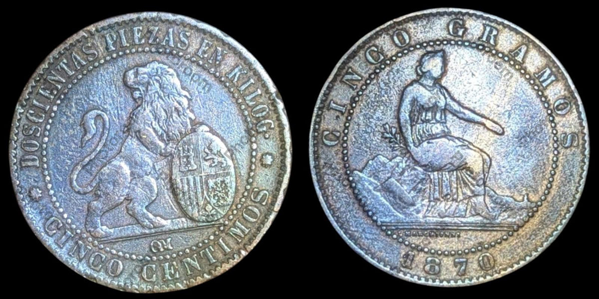 Pièce espagnole de 5 Céntimos 1870 OM KM# 662 Espagne Gouvernement Provisoire Cinq C.
