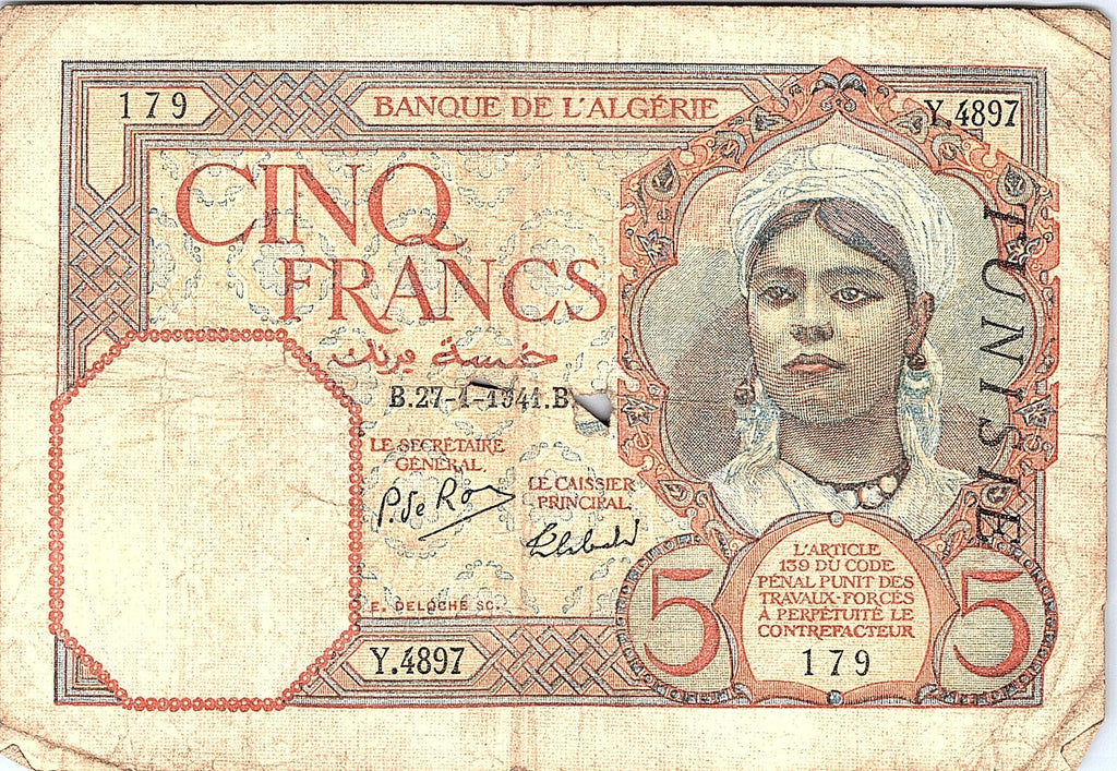Algeria 5 Francs, 1941 Better Grade