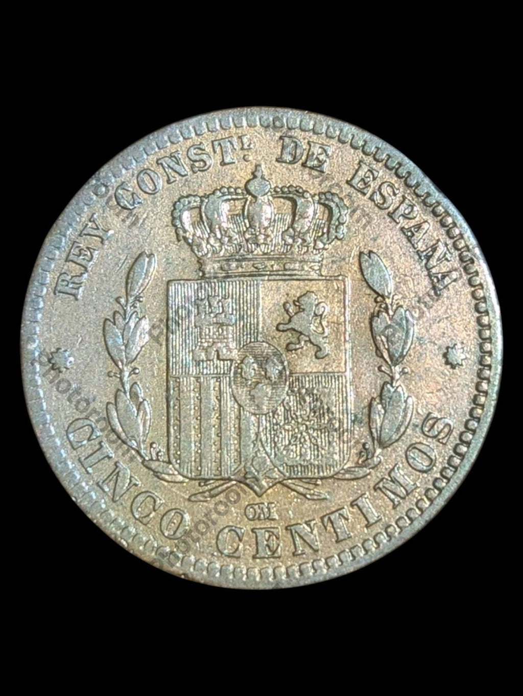 1877 OM SPAIN 🇪🇸 Bronze 10 CENTIMOS Coin, ALFONSO XII.