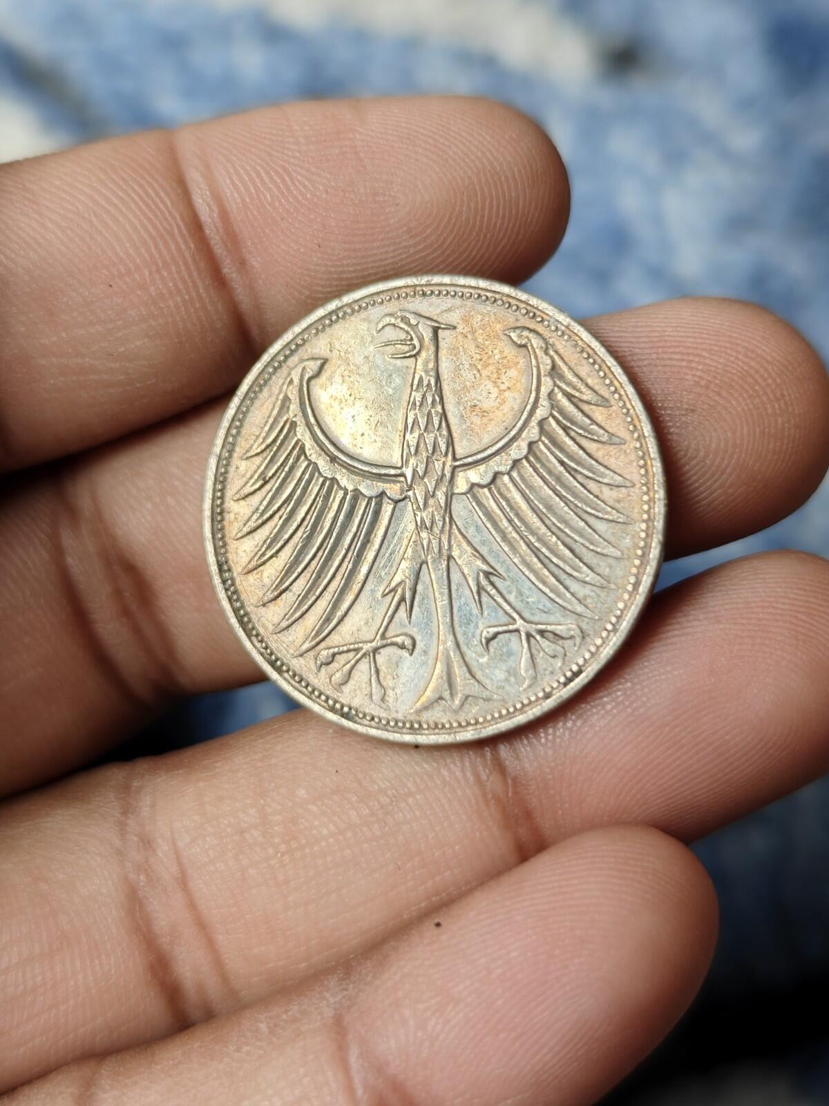 Germany 1966 F 5 Mark  0.625 Silver Coin KM #112.1 Natural Toned