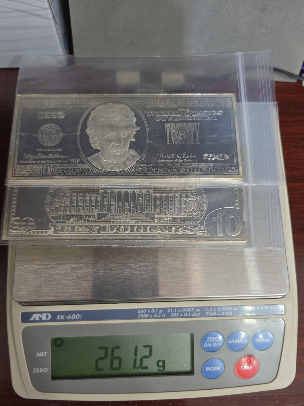 1999 USA Authentic 10 & 20 Dollar Bill 4.11+4.11 Troy OZ Silver Medal Plaque
