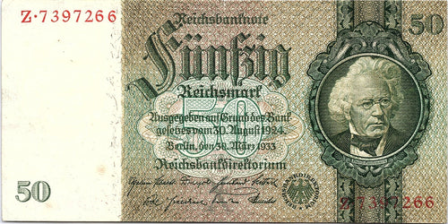 50 REICHSMARK GERMANY REICHSBANKNOTE 1933 Better Grade