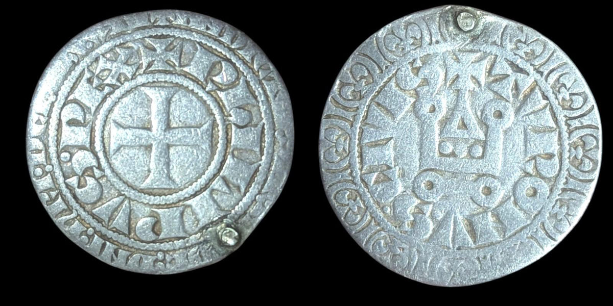 法国。腓力四世，1285-1314年在位。格罗斯图尔努瓦银币，长O稀有版别