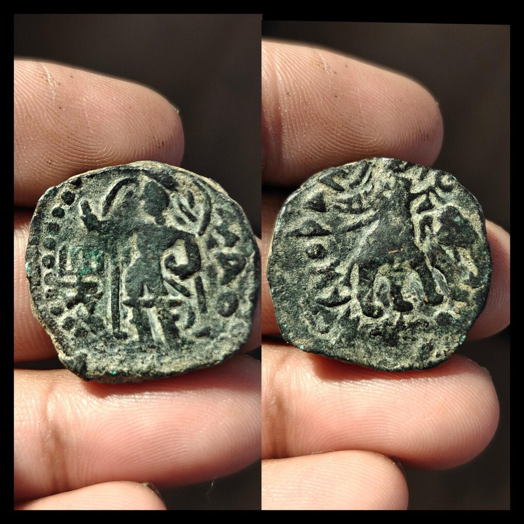 HUVISHKA Kushan Empire INDIA Ancient Authentic Greek Coin MAO ELEPHANT*