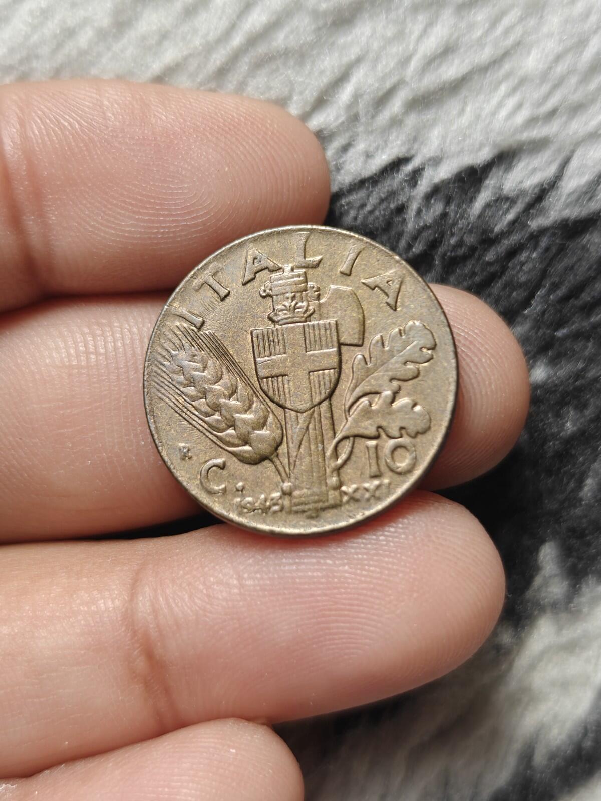 ITALY Vittorio Emanuele III 1943 R 10 CENTESIMI, WWII COIN