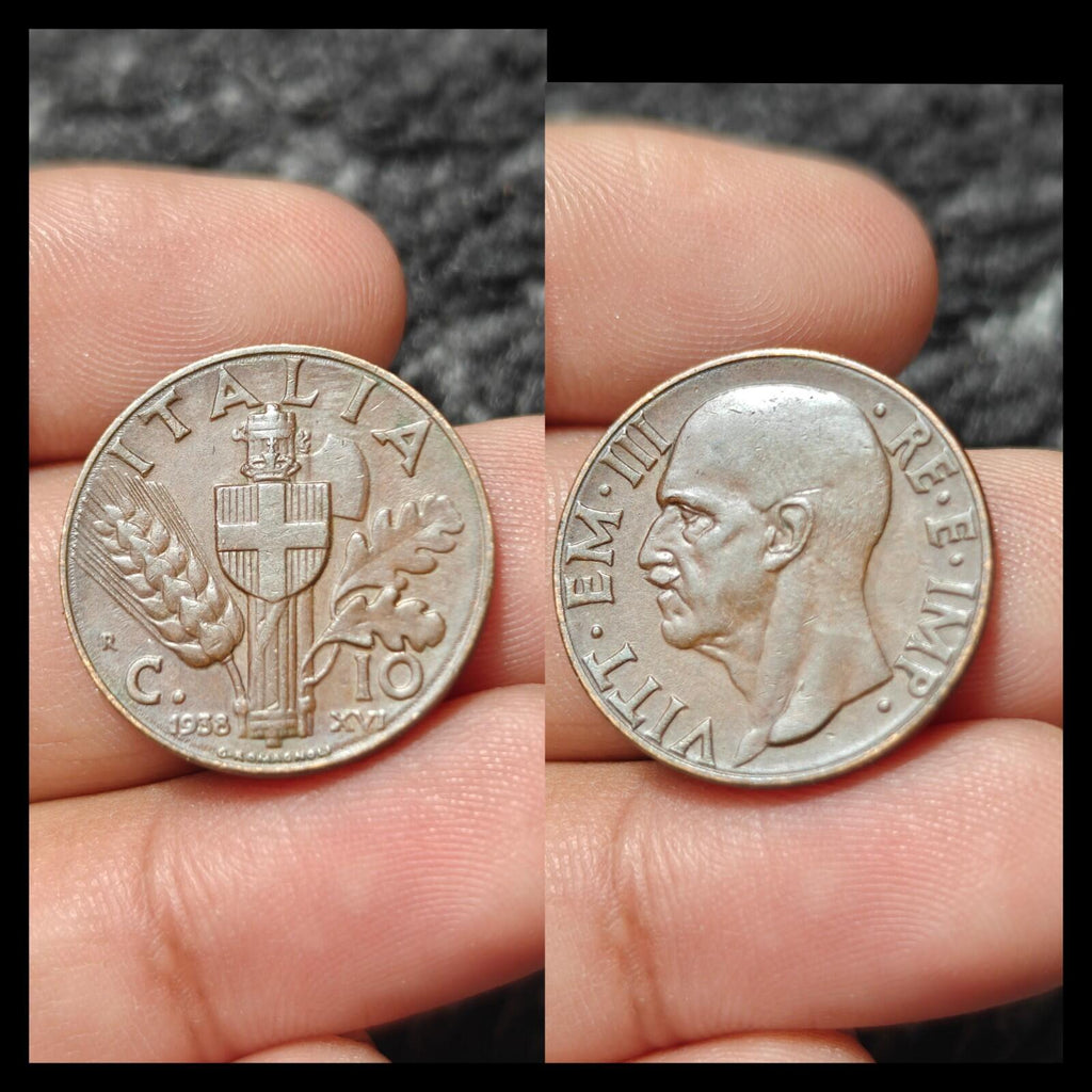 1938 Italie 10 Centesimi XVI Pièce Victor Emmanuel III Époque Seconde Guerre Mondiale KM#74 Cuivre