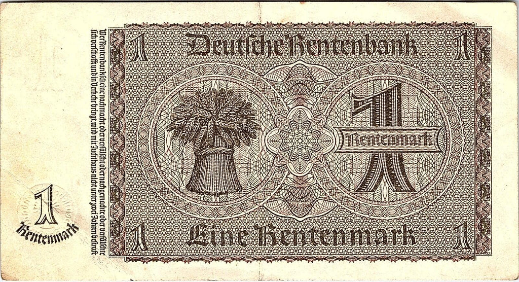 Germany  1 Rentenmark 1937  Series D  Circulated Banknote Pre WWII
