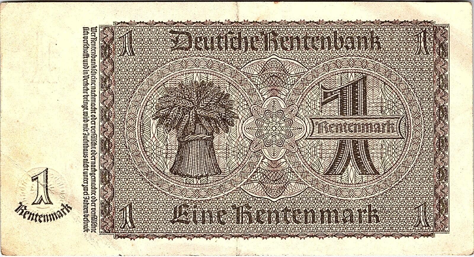 Germany  1 Rentenmark 1937  Series D  Circulated Banknote Pre WWII