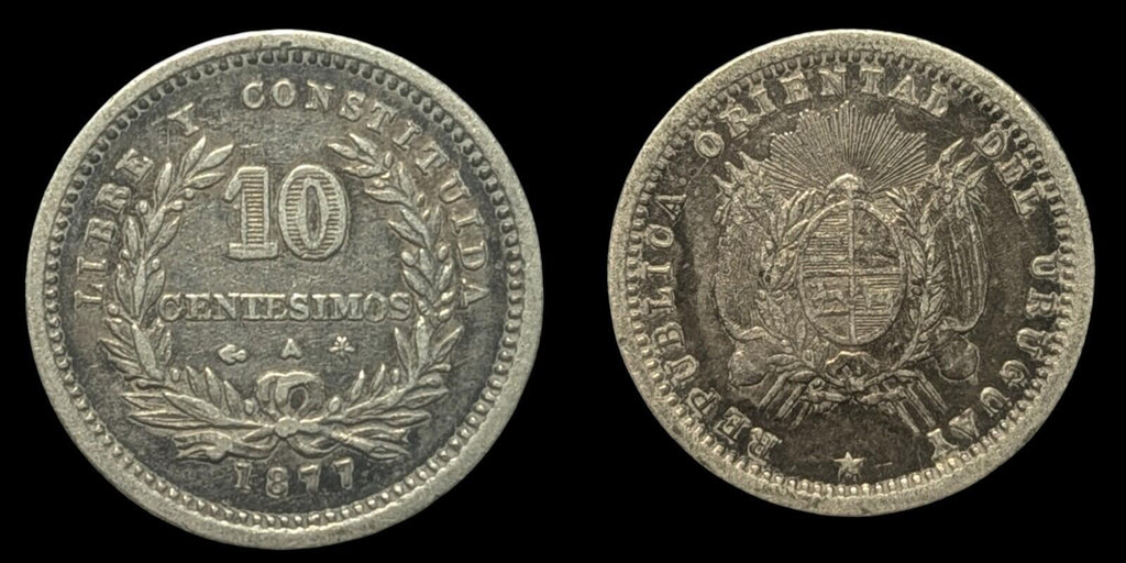 Uruguay 1877 10 Centesimos Rare Silver Coin
