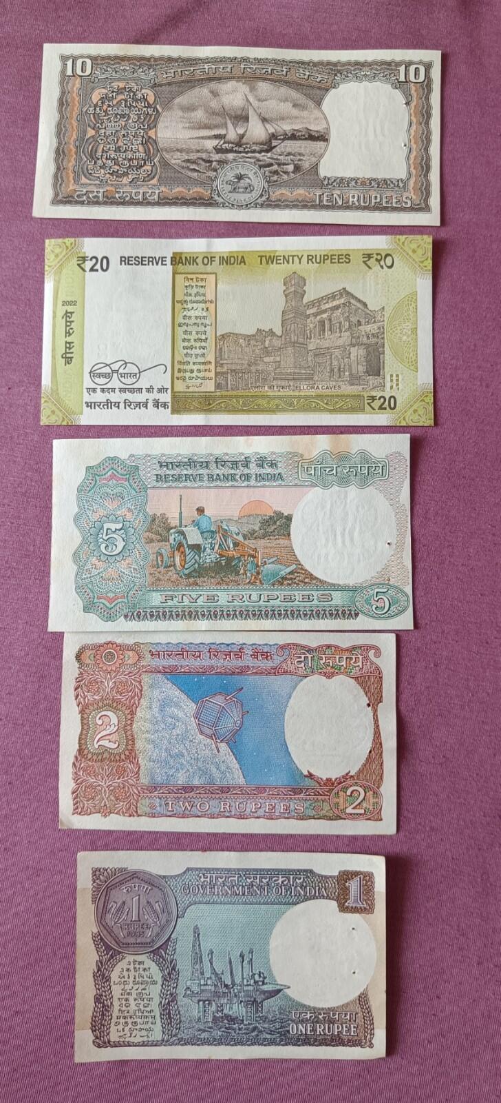 🇮🇳 India🇮🇳 Old different 20-10-5-2-1 Rupees 5 Notes-Uncirculated-Crispy