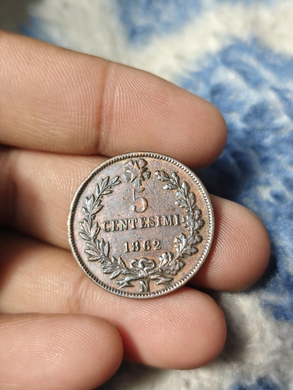 1862 N Italy 5 Centesimi,  VITTORIO EMANUELE II Copper Coin KM# 3.3 Rare