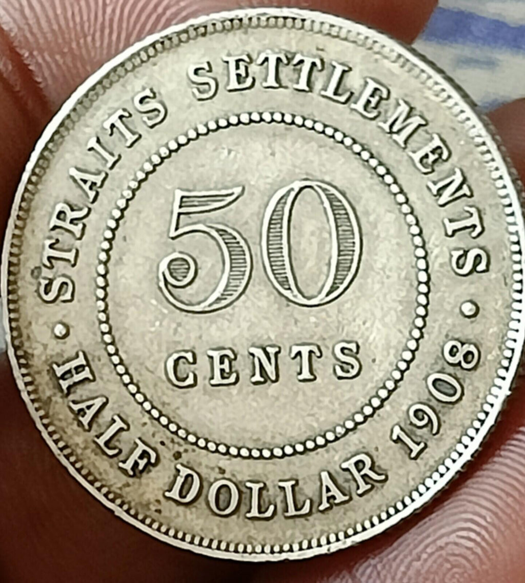 #P38#British Strait Settlement 1908 EDWARD VII Silver 50 cents Nice grade.