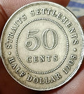 #P38#British Strait Settlement 1908 EDWARD VII Silver 50 cents Nice grade.
