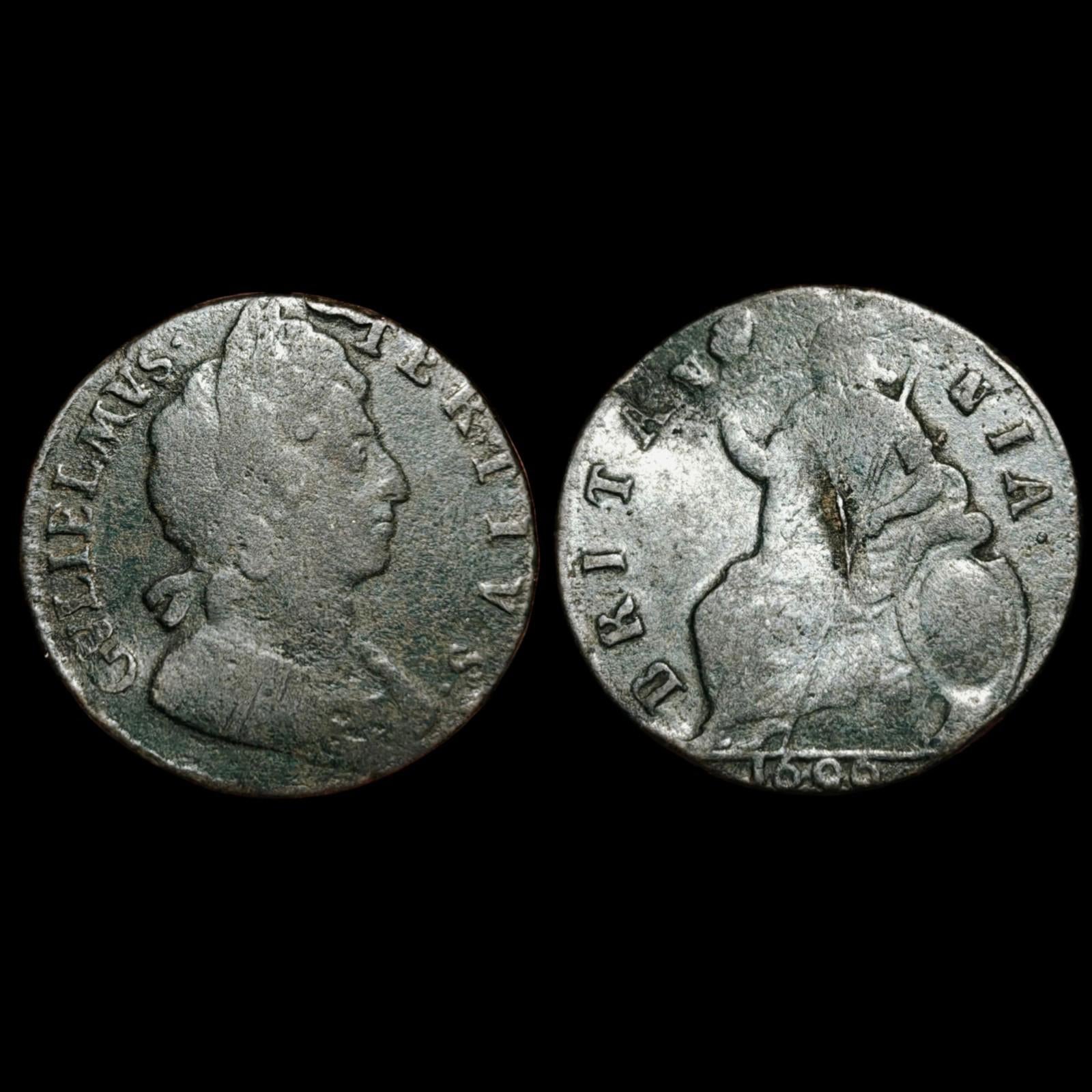 Extremely Rare King William III Half Penny Coin 1696 Copper Rare Chopmark