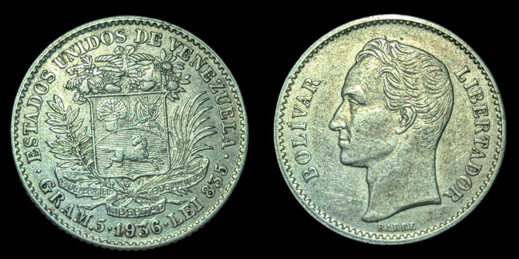 1936 Freemason President Simon Bolivar VENEZUELA Silver Coin