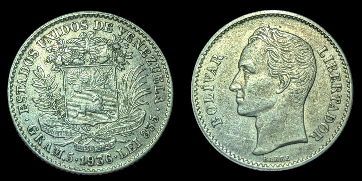 1936 Freemason President Simon Bolivar VENEZUELA Silver Coin