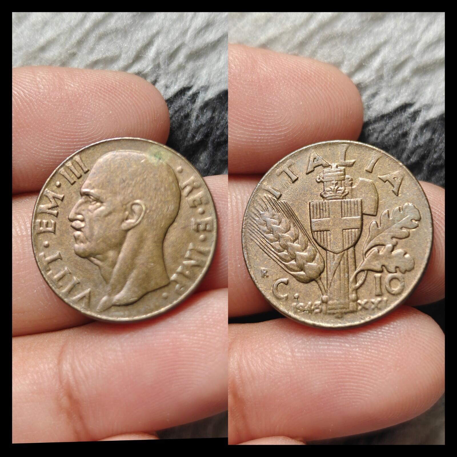 ITALY Vittorio Emanuele III 1943 R 10 CENTESIMI, WWII COIN