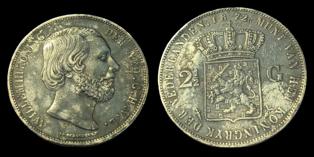 1872 Netherlands William III 2 1/2 Gulden .945 Fine Silver Coin KM# 82