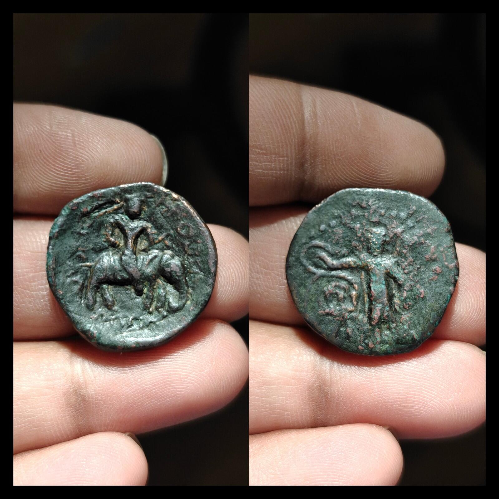 HUVISHKA Kushan Empire INDIA Ancient Authentic Greek Coin MAO ELEPHANT*