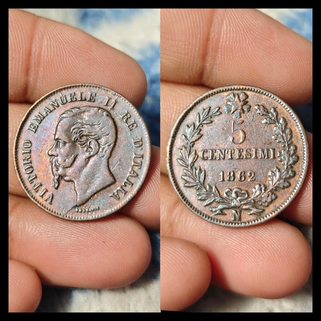 1862 N Italy 5 Centesimi,  VITTORIO EMANUELE II Copper Coin KM# 3.3 Rare