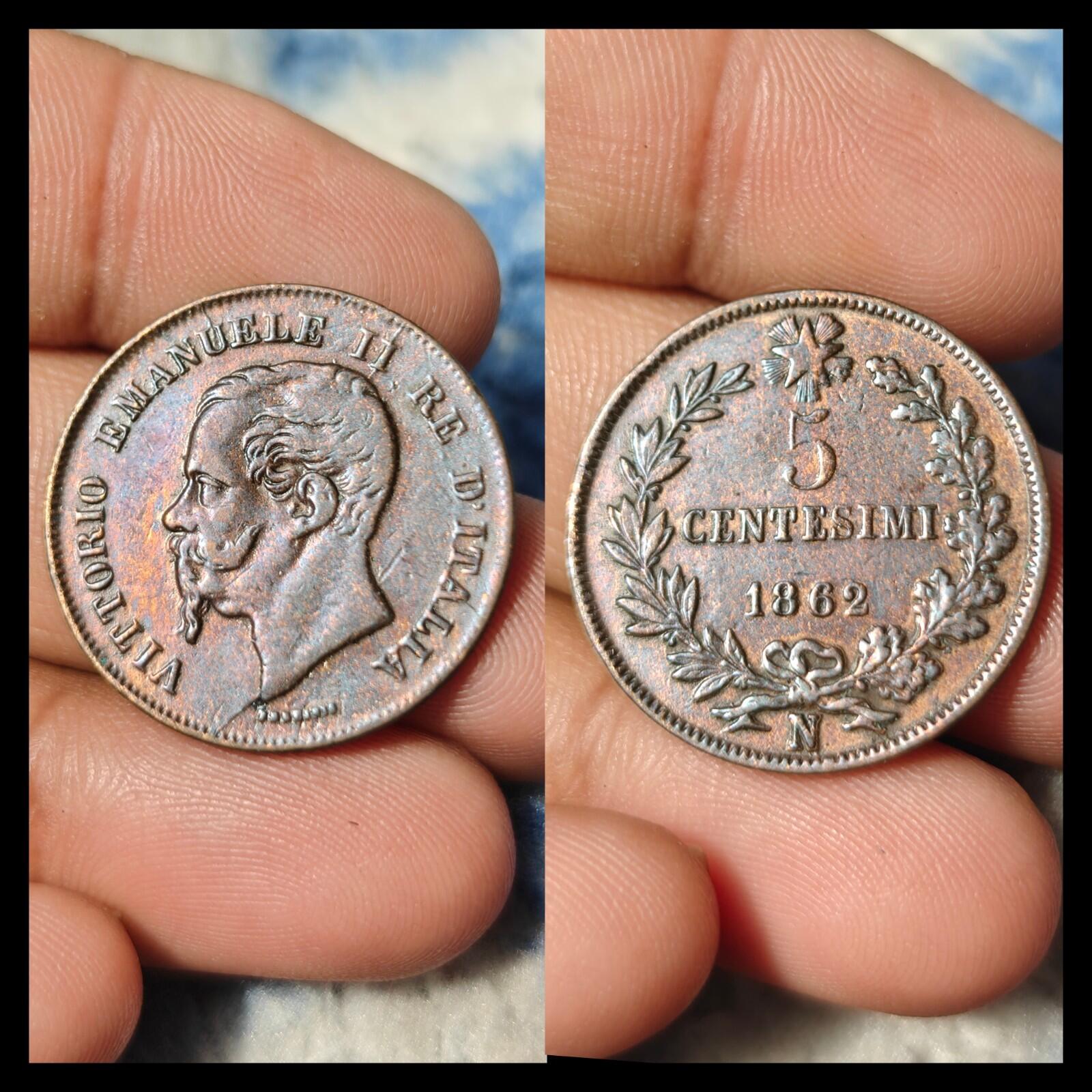1862 N Italy 5 Centesimi,  VITTORIO EMANUELE II Copper Coin KM# 3.3 Rare