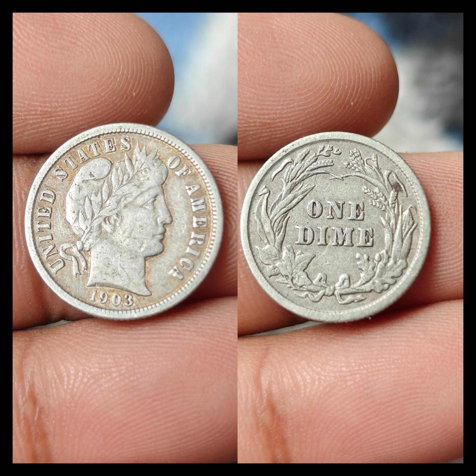 1903 P Barber Silver Dime,  About Uncirculated High Grade Original