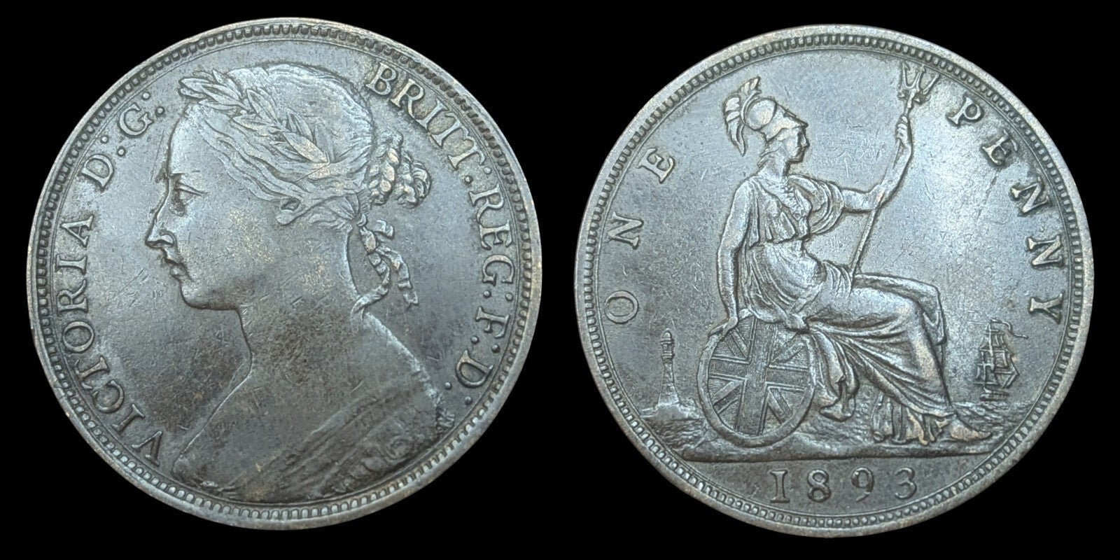 1893年英国一便士大不列颠维多利亚女王面包头青铜币 KM# 755