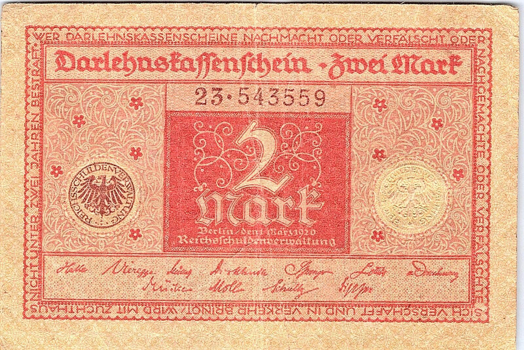 1920 German Empire 2 Mark Banknote Reichsmark WWII Reichsbanknote Germany,