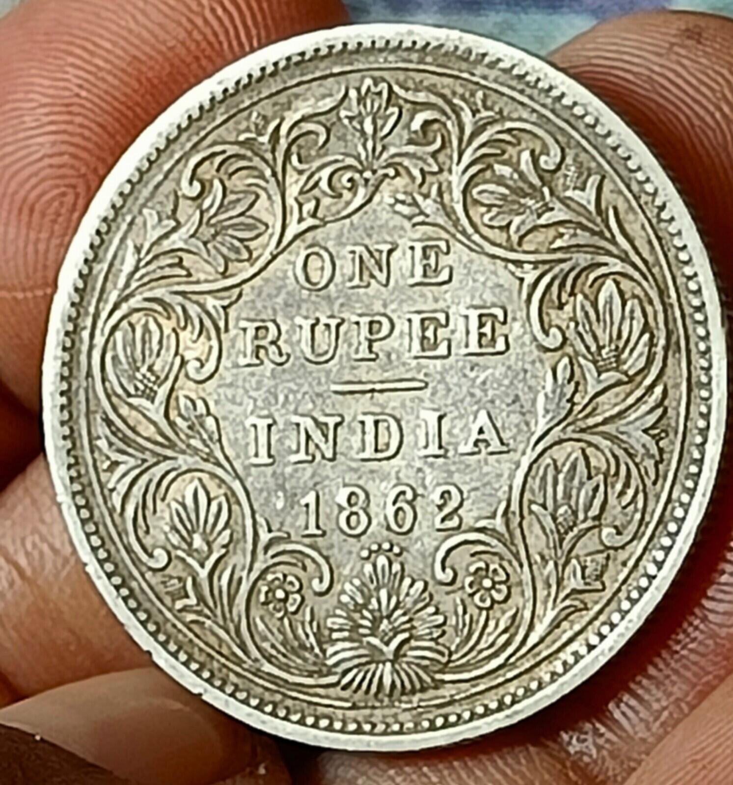 #QQ80#Victoria-British India Silver Rupee-1862-Bombay Mint 4 dot rare coin