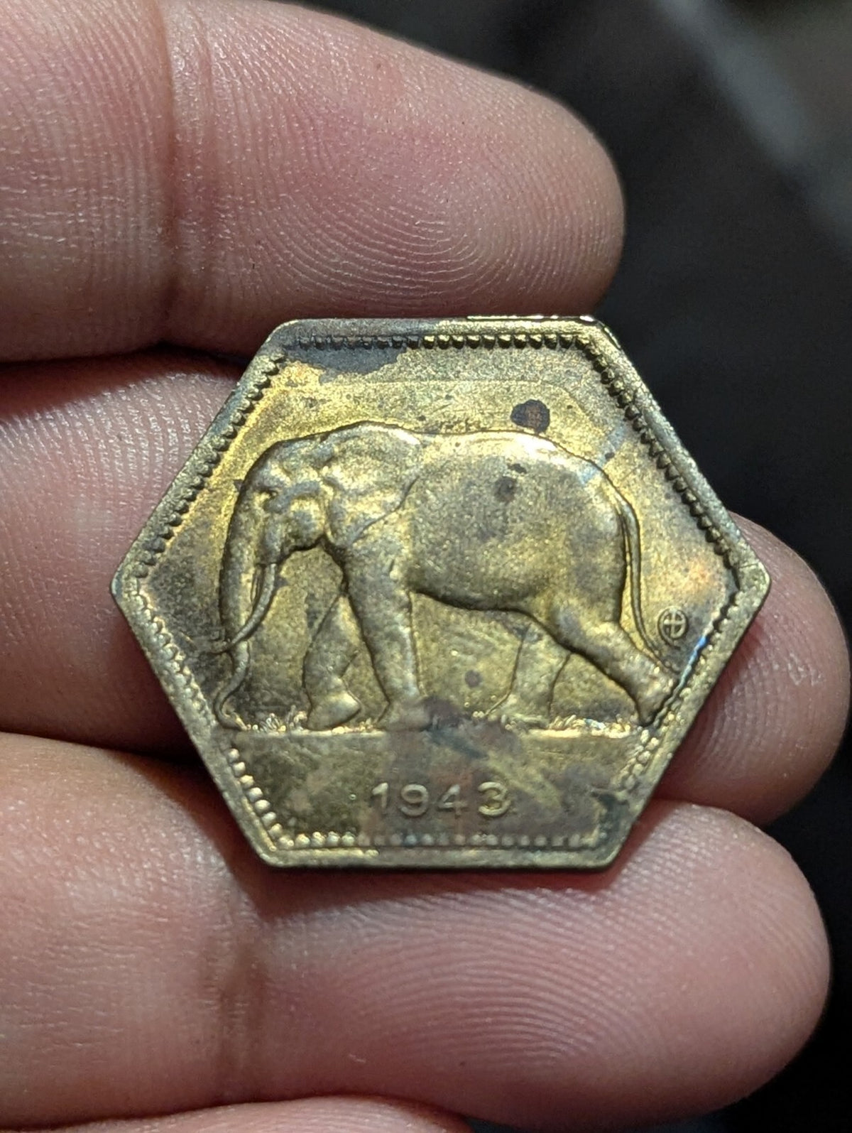 1943 Belgian Congo 2 Franc KM# 25 Brass Elephant 🐘