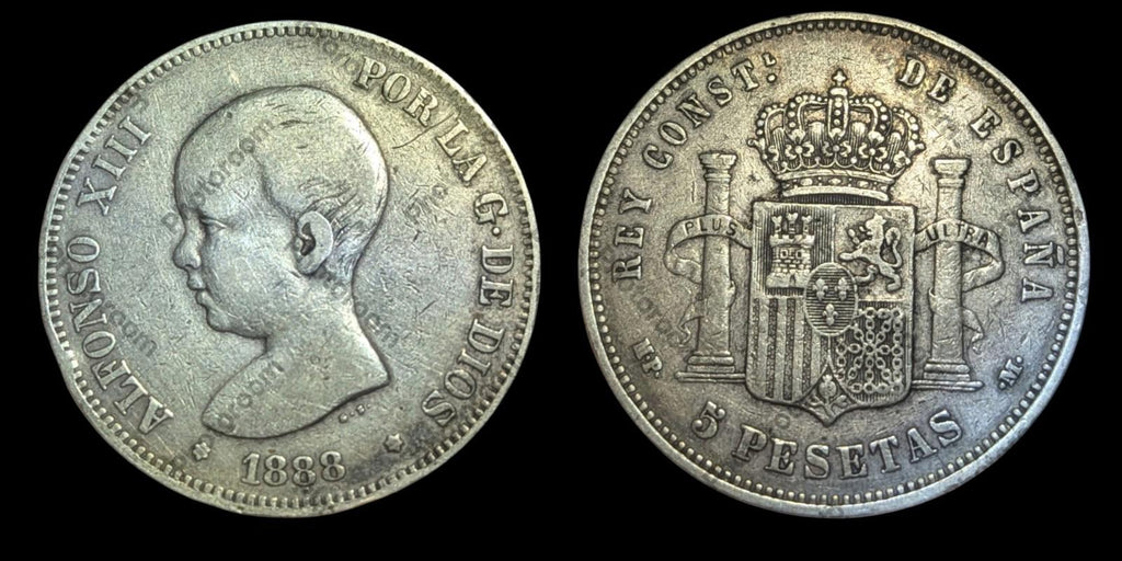 1888 MP M SPAIN with Spanish King ALFONSO XIII Antique Silver 5 Pesetas Coin