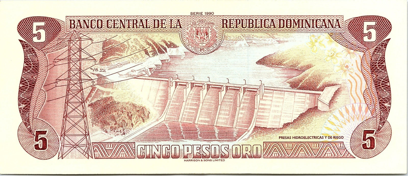 DOMINICAN REPUBLIC-5 PESOS ORO-1988 Better Grade Scarce