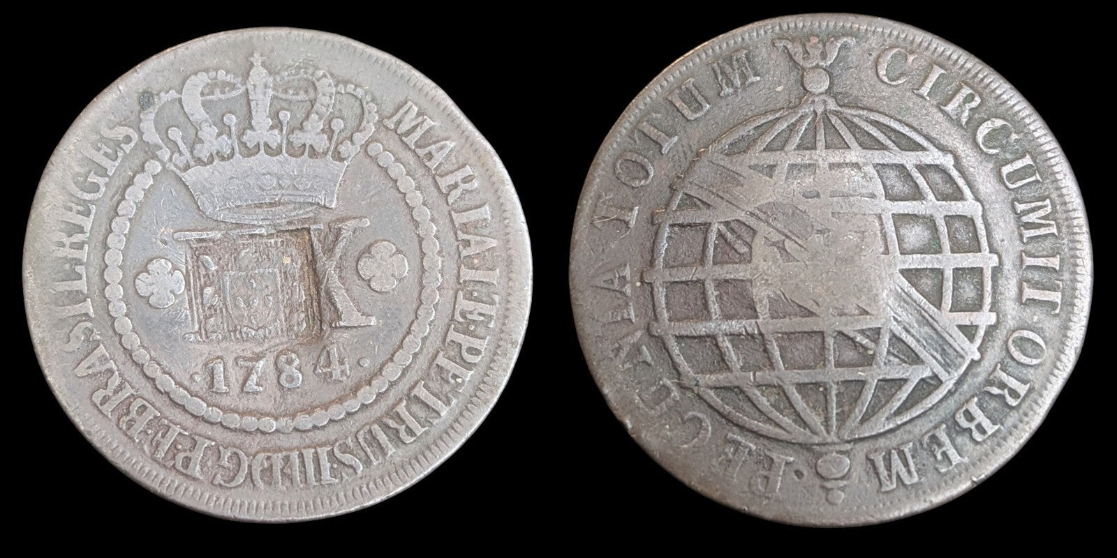 巴西，玛丽亚一世，20雷亚尔，1784年，加盖，铜，品相较好