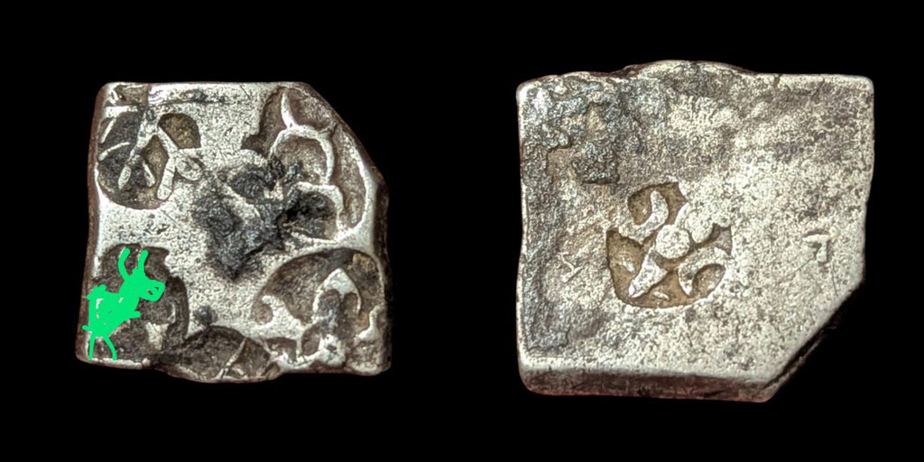 古印度 摩揭陀国 鹿/牛打压纹银币 公元前400年