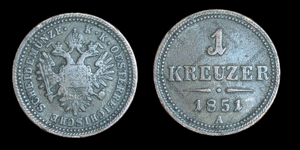 1851年奥地利帝国1克罗伊泽硬币，维也纳弗朗茨皇帝