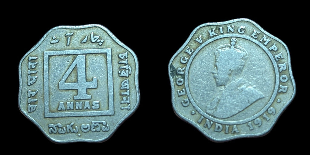 British India RARE 1920 4 Annas, King George V & Emperor Vintage KM#519